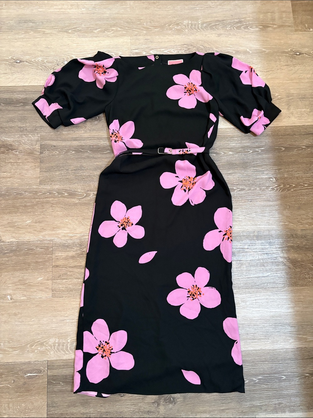 Kate Spade 00 Black Midi Dress with Pink Floral Print Puff Sleeves Belt Snaps